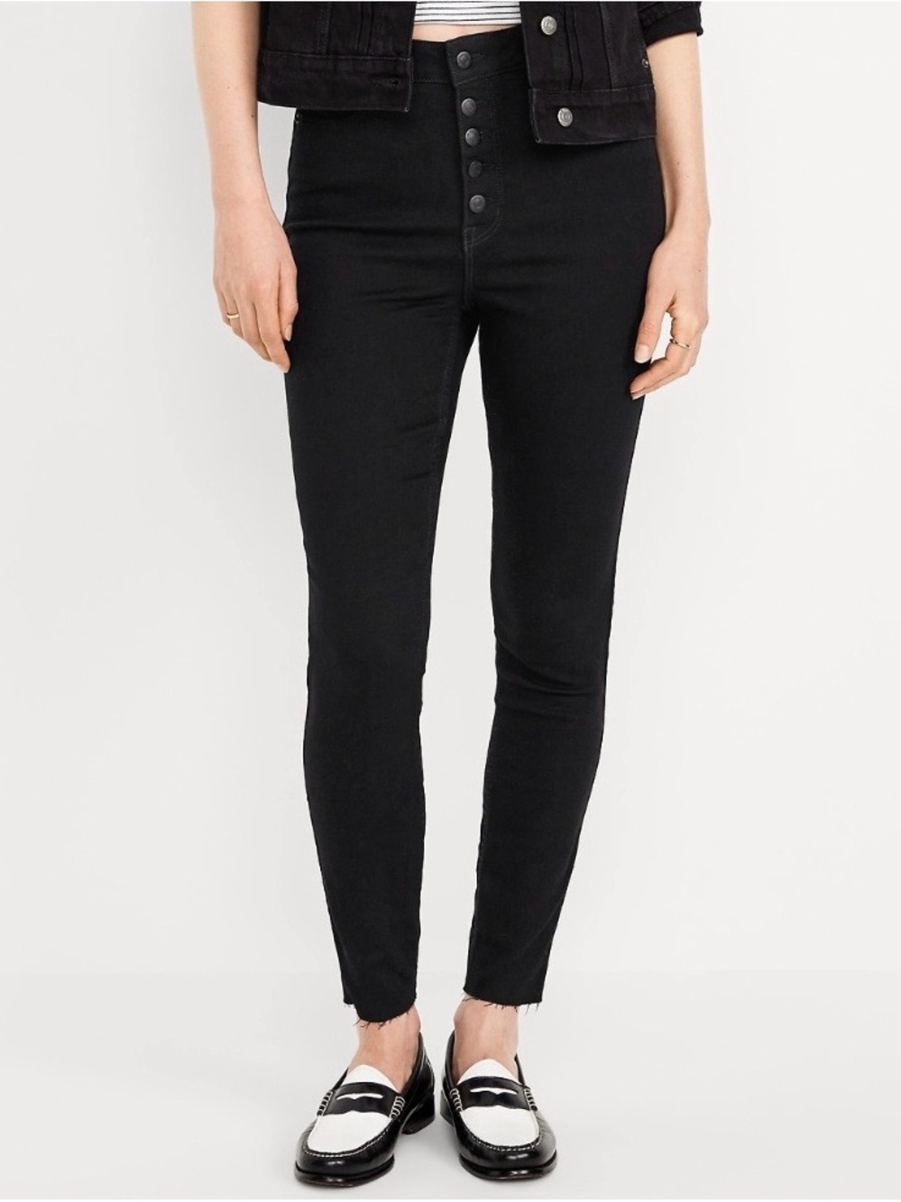 Extra High-Waisted Rockstar 360 Stretch Old Navy Black Super Skinny Ankle Jeans